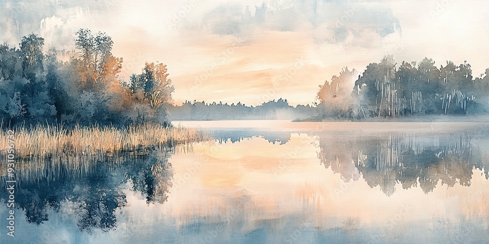 Fototapeta premium Serene Watercolor Lake at Dawn A peaceful watercolor depiction of a lake at dawn, with soft hues reflecting the morning sky Ideal for calming art prints 