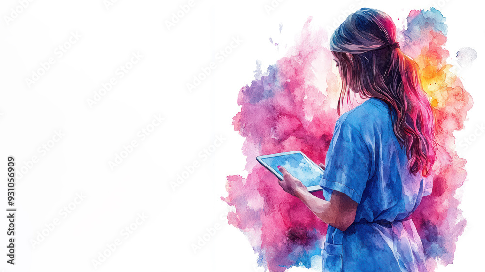 Obraz premium Colorful watercolor painting of a nurse holding tablet, healthcare technology