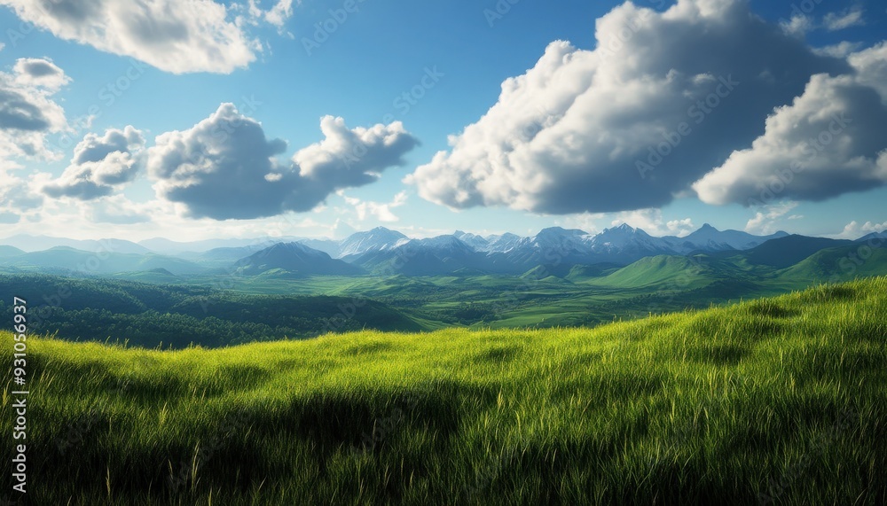 A breathtaking landscape featuring rolling green hills, majestic mountains, and fluffy clouds under a bright, blue sky.