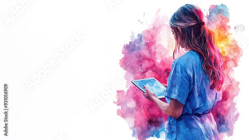 Colorful watercolor painting of a nurse holding tablet, healthcare technology