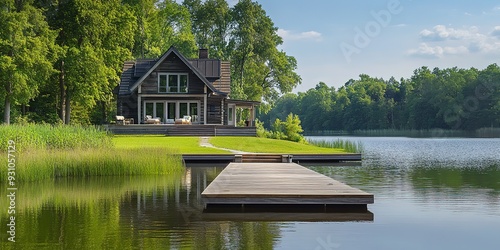 A tranquil lake house with a wooden dock 