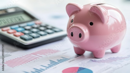 A pink piggy bank on the background of financial charts and a calculator symbolizes financial management