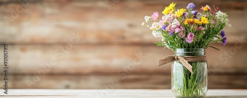 A mix of wildflowers in a mason jar, with a rustic ribbon tied around it, wildflowers, mason jar, rustic charm photo