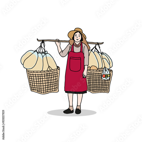 Asian people street vendor walking selling snack food, hawker selling food. Hand drawn style vector illustration.