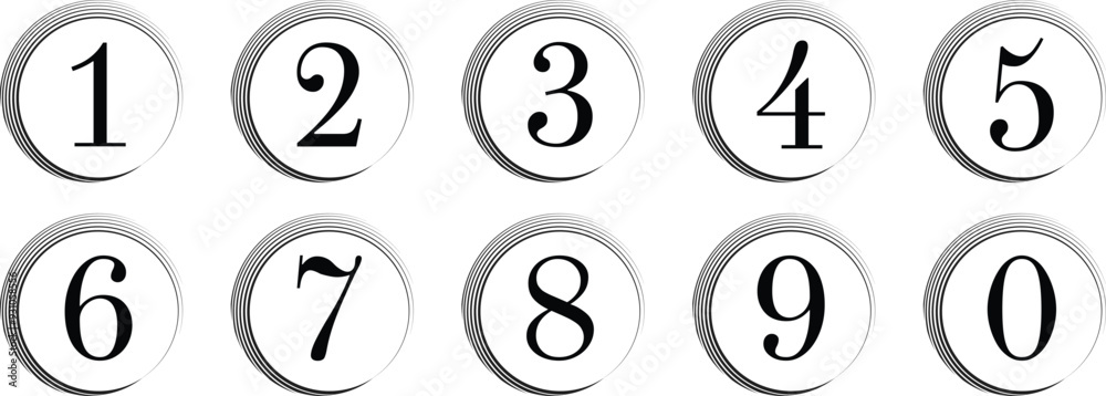 simple numbers icon with black scroll circle. from 0 to 9. number button vector illustration. simple numbers icon with black scroll circle. from 0 to 9. number button vector illustration.
