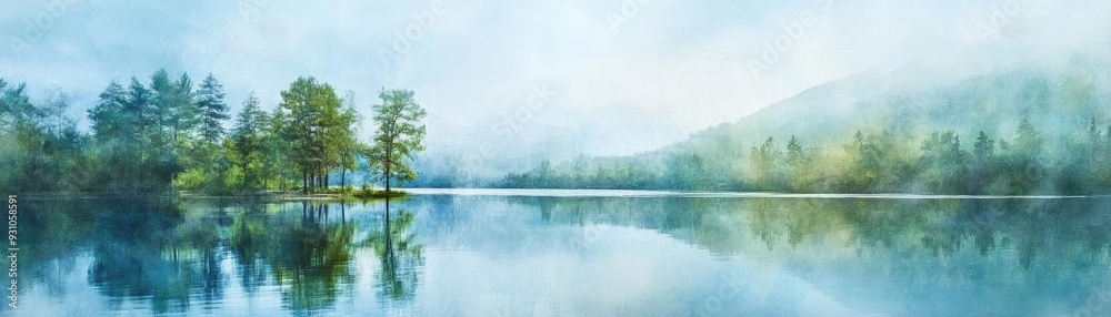Obraz premium Serene landscape featuring a tranquil lake surrounded by misty trees and mountains, perfect for nature lovers and peaceful retreats.