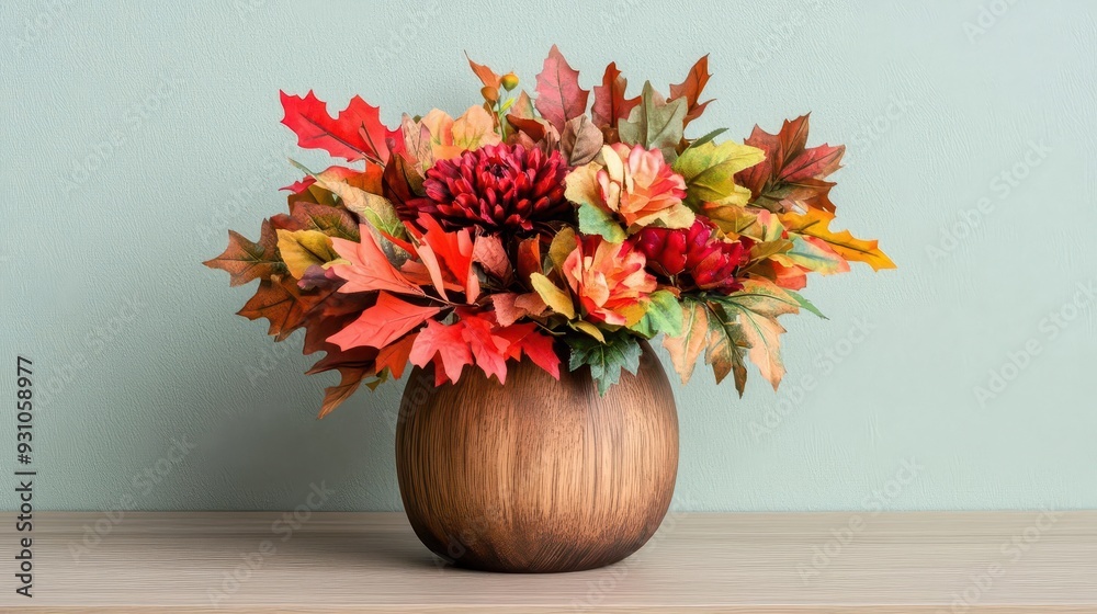 custom made wallpaper toronto digitalA mix of autumn leaves and flowers in a wooden vase, capturing the essence of fall, autumn leaves, wooden vase, seasonal