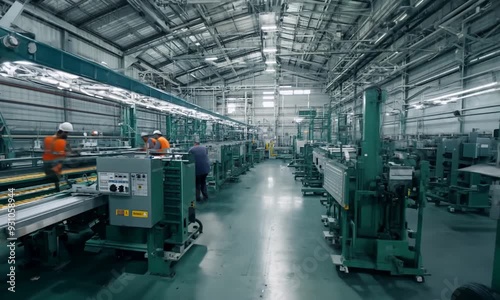 A bustling factory floor with workers operating machinery.