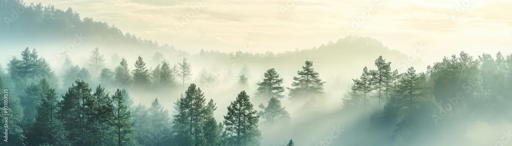 Obraz premium A serene forest landscape shrouded in morning mist, creating a peaceful atmosphere that invites reflection and tranquility.