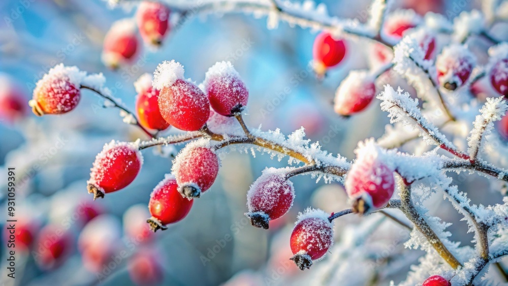 Winter scene of rose hips covered in snow and frost , rose hips, winter, snow, frost, frozen, cold, red, nature, seasonal, chilly Winter scene of rose hips covered in snow and frost , rose hips, winter, snow, frost, frozen, cold, red, nature, seasonal, chilly