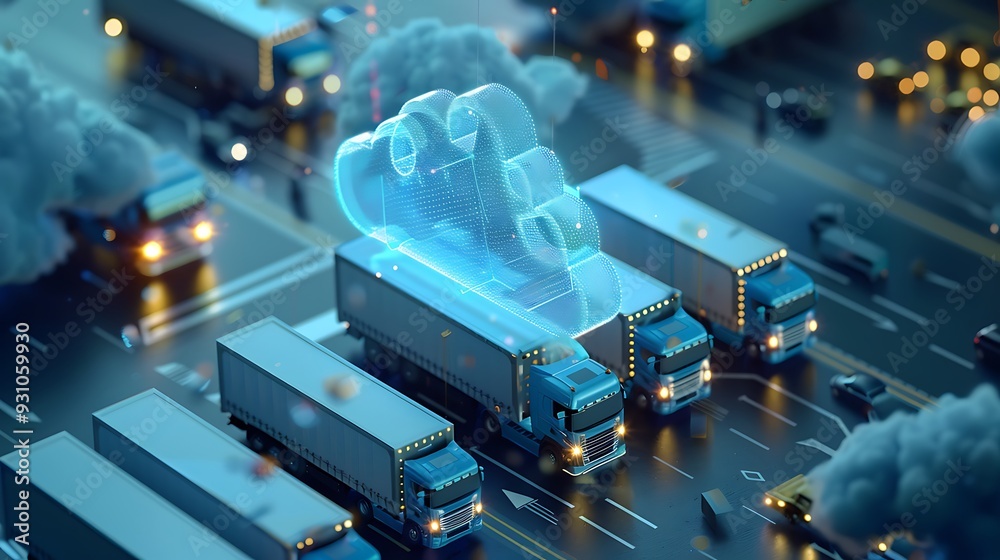 Cloud icon hovering over a line of trucks symbolizing the impact of cloud computing on logistics and transportation.