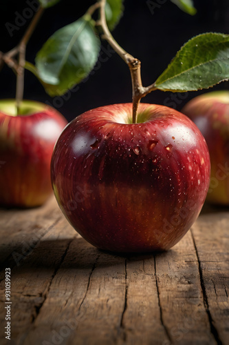 A ripe red apple on a wooden table photo