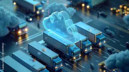 Obraz na płótnie Cloud icon hovering over a line of trucks symbolizing the impact of cloud computing on logistics and transportation. w salonie