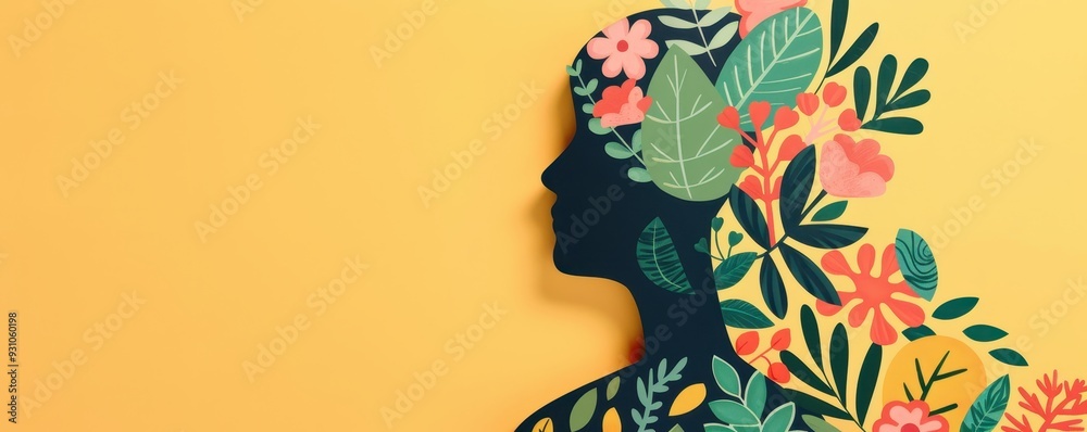 A vibrant silhouette of a woman's head adorned with colorful flowers and leaves against a bright yellow background. A vibrant silhouette of a woman's head adorned with colorful flowers and leaves against a bright yellow background.