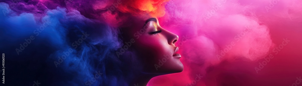A serene profile of a woman surrounded by colorful smoke, evoking creativity and emotional expression in vibrant hues. A serene profile of a woman surrounded by colorful smoke, evoking creativity and emotional expression in vibrant hues.
