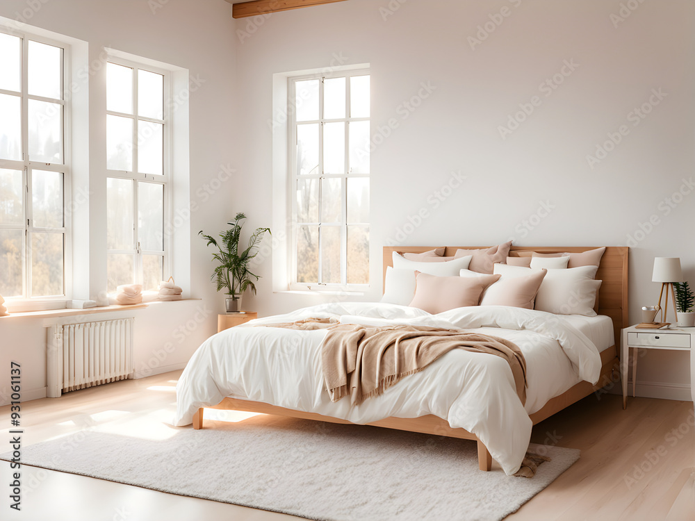 Empty wide bed with soft pillows and cute linens in big room with light windows Empty wide bed with soft pillows and cute linens in big room with light windows