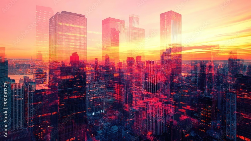 Colorful city skyline at sunset, featuring modern skyscrapers and a vibrant atmosphere, ideal for urban and travel themes. Colorful city skyline at sunset, featuring modern skyscrapers and a vibrant atmosphere, ideal for urban and travel themes.