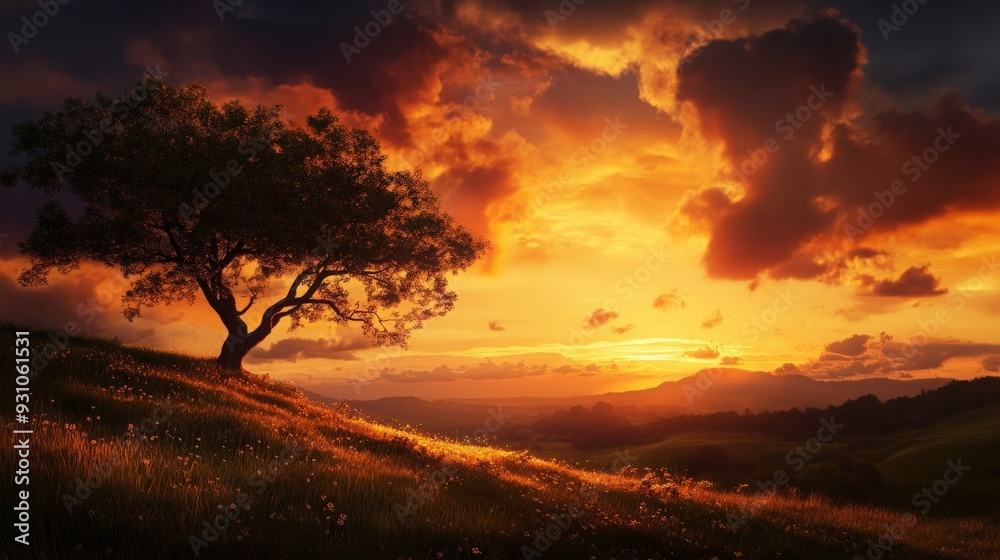 A stunning sunset over rolling hills with a solitary tree silhouetted against the vibrant sky, creating a serene and picturesque scene. A stunning sunset over rolling hills with a solitary tree silhouetted against the vibrant sky, creating a serene and picturesque scene.