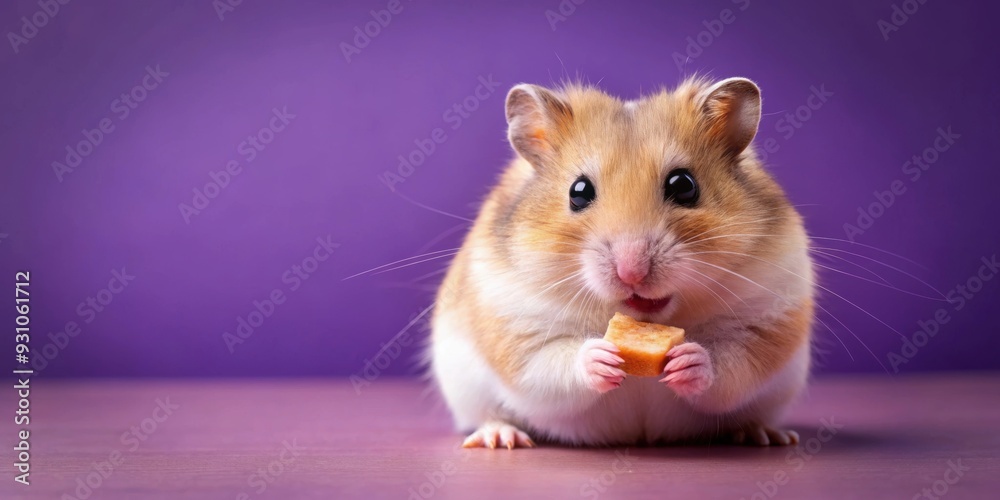 Cute hamster enjoying a treat on a purple background, hamster, cute, pet, small, furry, adorable, snack, eating Cute hamster enjoying a treat on a purple background, hamster, cute, pet, small, furry, adorable, snack, eating