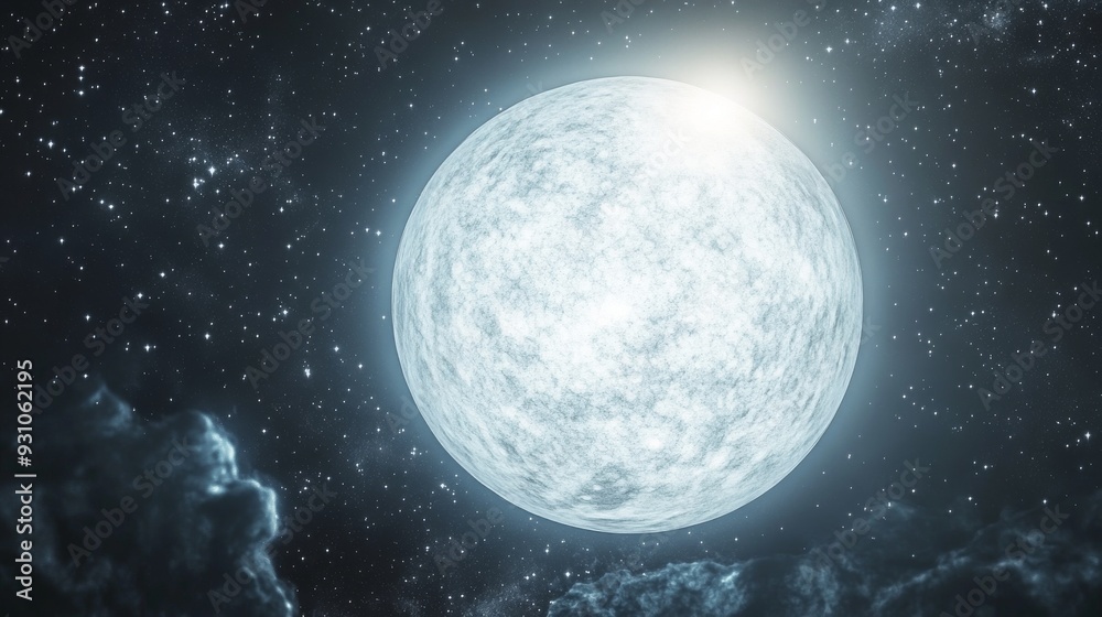 Fototapeta premium White dwarf with bright white light, surrounded by complex textures. Delicate dark space background, adorned with distant stars, emphasizing the intense light and complex textures of celestial objects