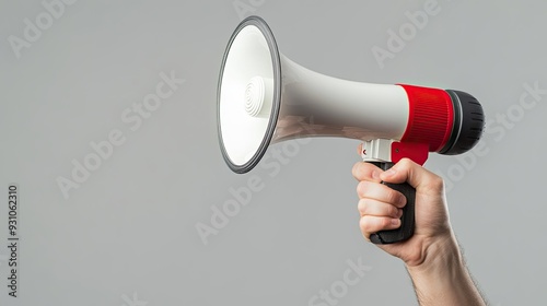 A hand clutching a megaphone with a clear, empty background, perfect for inserting marketing text or graphics.