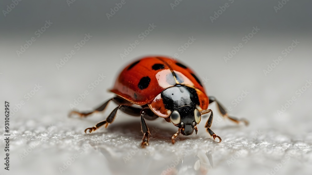 Naklejka premium The vibrant red and black colors of the ladybug on a white surface stand out, reminding me of the beauty in nature's small details