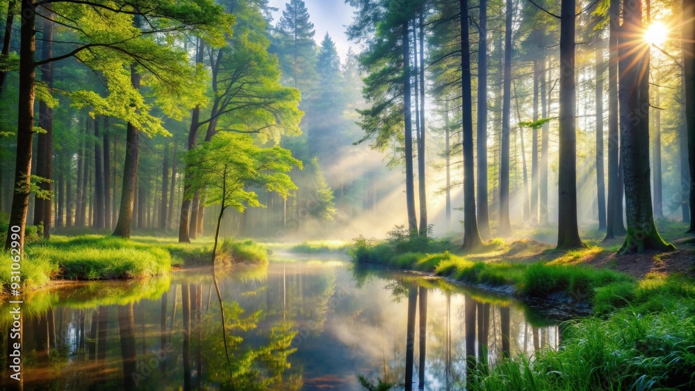 Fototapeta premium Misty morning in a serene forest setting, nature, foggy, trees, peaceful, tranquil, fog, woods, mist, atmosphere, dreamy