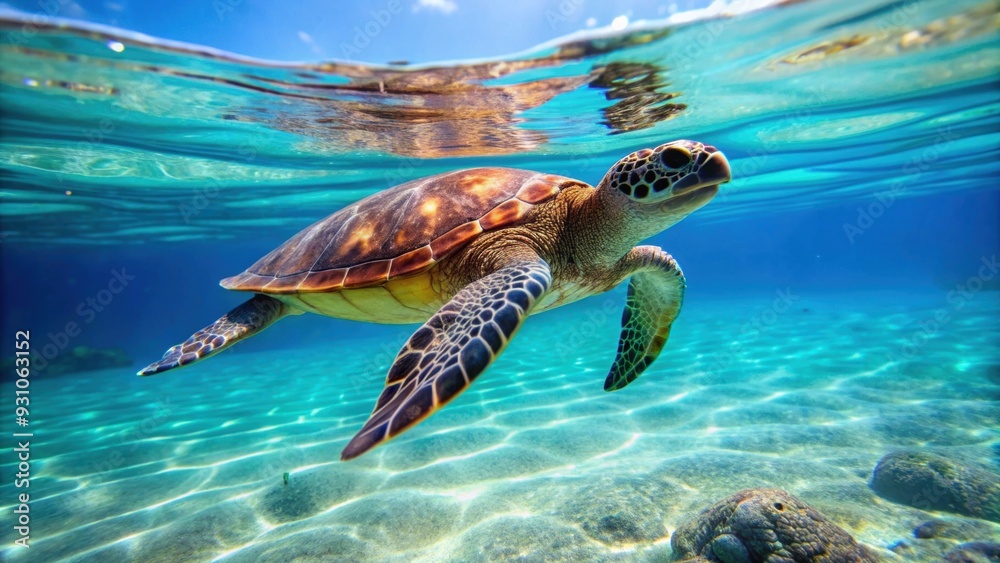 Obraz premium Turtle swimming gracefully in crystal-clear ocean waters, Wildlife, Underwater, Marine life, Aquatic, Reptile, Shell