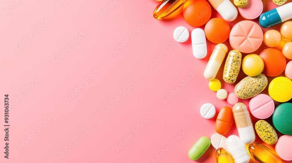 Obraz premium A colorful mix of metabolism-boosting vitamins placed on a vibrant background, vitamins, metabolism, supplements