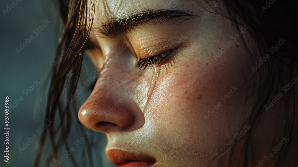 A single tear rolling down a cheek, captured in minimalist style, with a soft, neutral backdrop highlighting the raw emotion. A single tear rolling down a cheek, captured in minimalist style, with a soft, neutral backdrop highlighting the raw emotion.