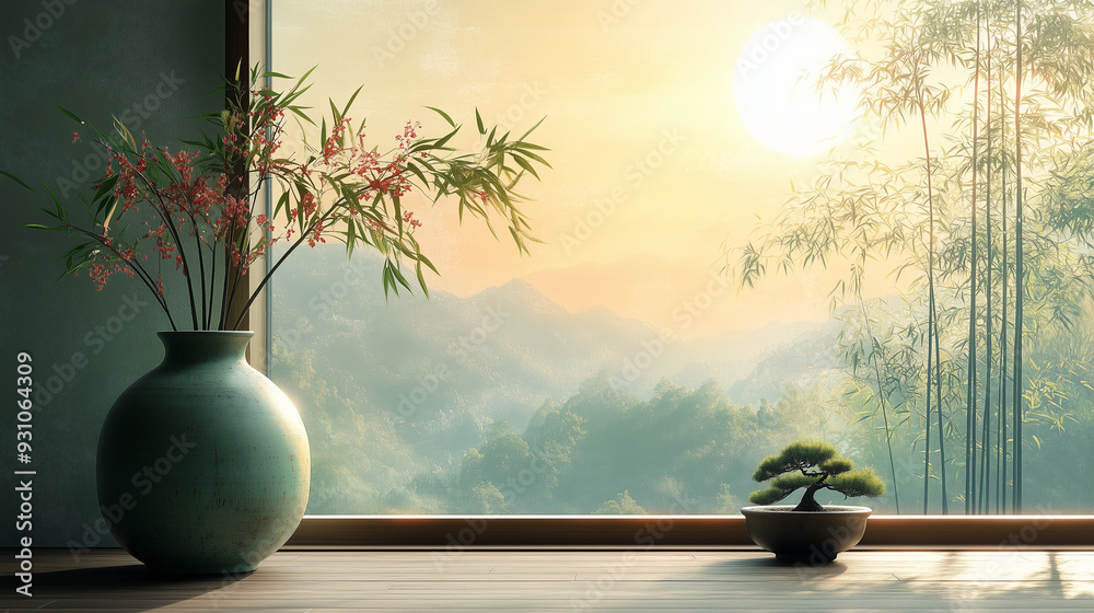 Tranquil Sunrise: A serene view of a Japanese garden through a traditional window. A bonsai tree and a vase of pink blossoms add a touch of elegance, while the soft morning light creates a peaceful at Tranquil Sunrise: A serene view of a Japanese garden through a traditional window. A bonsai tree and a vase of pink blossoms add a touch of elegance, while the soft morning light creates a peaceful at