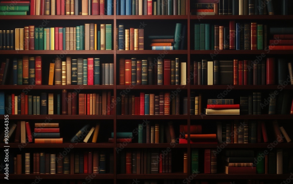 A detailed view of a wooden bookshelf filled with colorful books, showcasing a variety of sizes and styles for library lovers. A detailed view of a wooden bookshelf filled with colorful books, showcasing a variety of sizes and styles for library lovers.