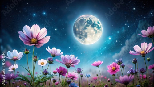 Fototapeta Naklejka Na Ścianę i Meble -  Blooming flowers shimmering under the moonlight , moonlight, fabulous, flowers, nature, magical, blooming, garden, petals