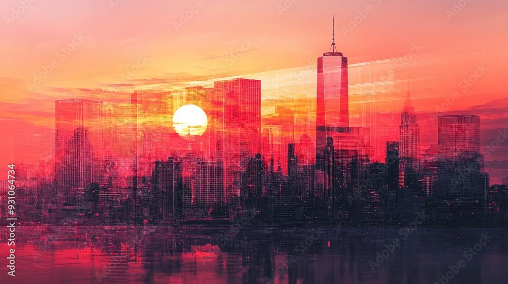 Fototapeta premium A vibrant sunset over a city skyline, showcasing a blend of colors reflecting off modern buildings.
