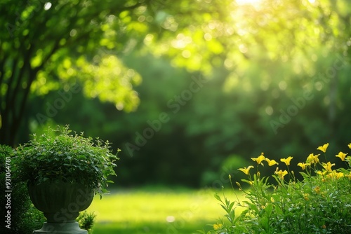 A serene garden filled with lush greenery and vibrant flowers, bathed in soft sunlight, perfect for relaxation and tranquility.