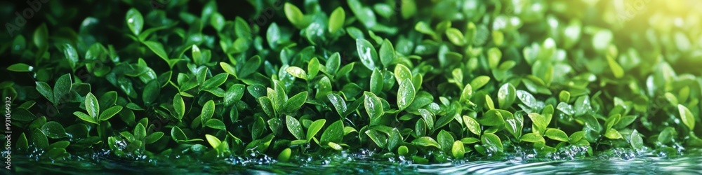 Lush green leaves with a blurred background of water. Lush green leaves with a blurred background of water.