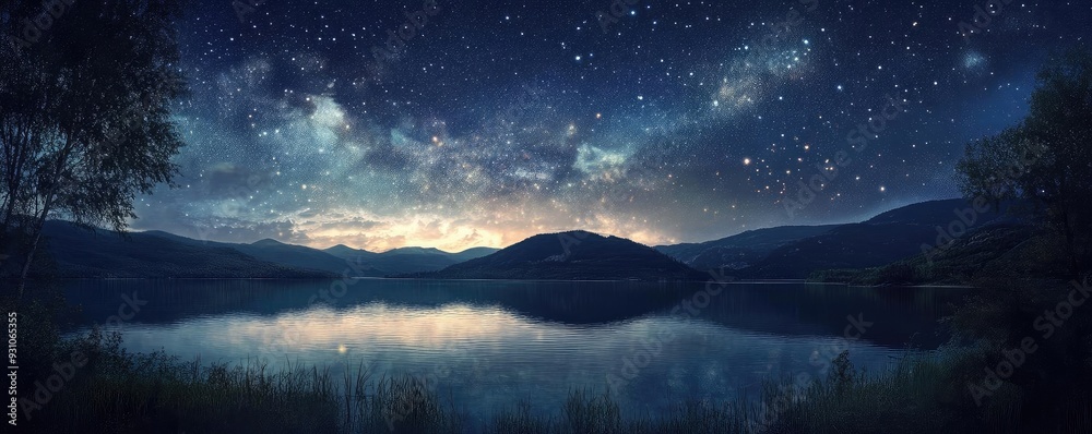 A serene night sky filled with stars reflects on a tranquil lake, surrounded by gentle hills and lush trees, evoking peace and wonder. A serene night sky filled with stars reflects on a tranquil lake, surrounded by gentle hills and lush trees, evoking peace and wonder.