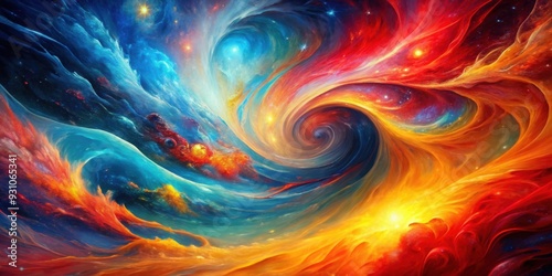 Dynamic abstract artwork with swirling vibrant colors in red, blue, and yellow resembling cosmic energy or nebula, abstract, artwork