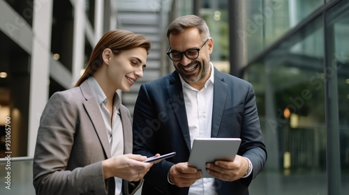 A portrait of two business people smiling and looking at an iPad, standing in front of the entrance to their office building while discussing work together. 
