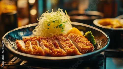 Delicious fresh Donkatsu beautiful service nice decoration plate, photo