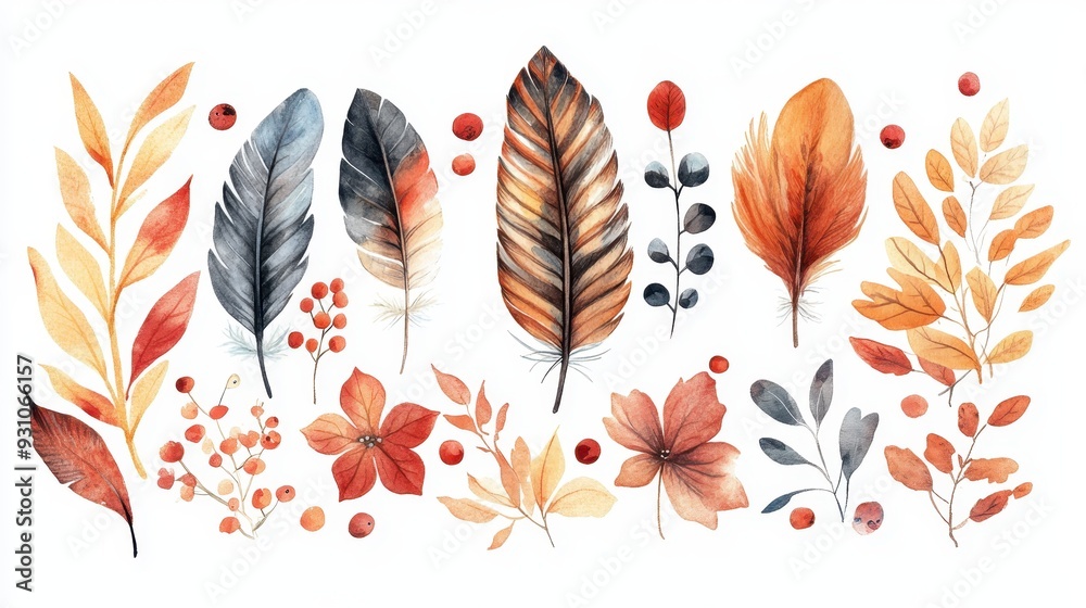 Boho Christmas banner clipart, with natural elements like leaves and feathers, watercolor illustration, muted tones, isolated on white background Boho Christmas banner clipart, with natural elements like leaves and feathers, watercolor illustration, muted tones, isolated on white background