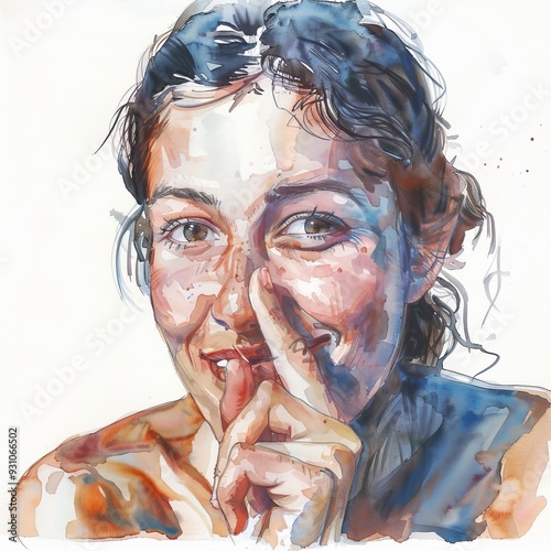 Watercolor painting of a person with a sly grin, holding a finger to their lips in a conspiratorial gesture, on isolated white background photo