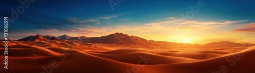 Breathtaking sunset over vast desert dunes, showcasing vibrant colors and serene natural beauty, perfect for travel and adventure themes.