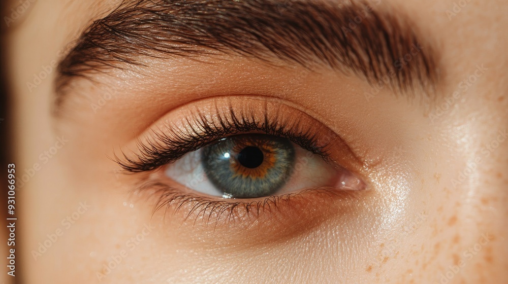 Fototapeta premium Close-up of a woman's eye with beautifully shaped brows and mascara, shot against a clean background