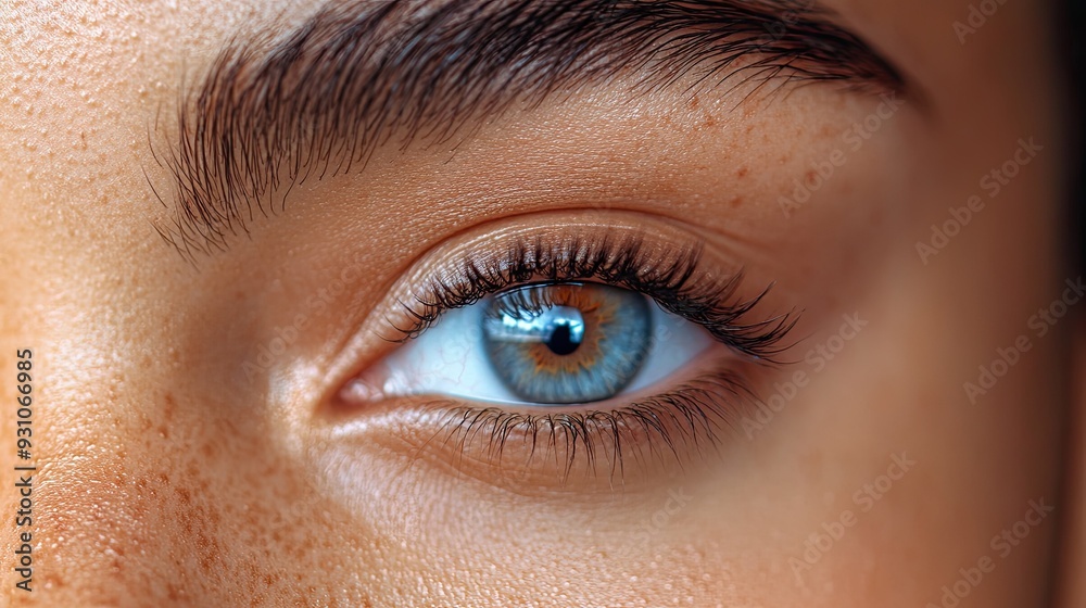 Fototapeta premium Close-up of a woman's eye with perfectly shaped brows and mascara, against a plain background