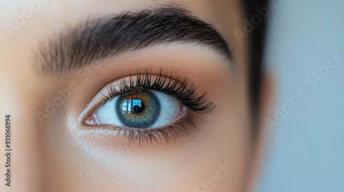 Obraz Close-up of a woman's eye with beautifully shaped brows and mascara, shot against a clean background
