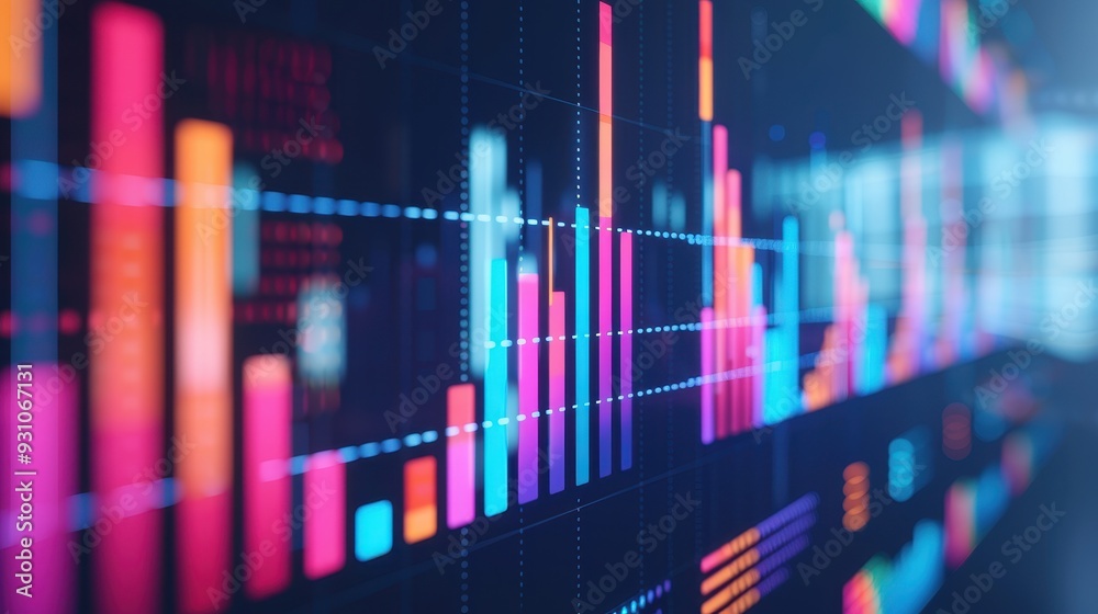 Vibrant digital chart showcasing data trends and analysis with colorful bar graphs and lines against a dark background. Vibrant digital chart showcasing data trends and analysis with colorful bar graphs and lines against a dark background.