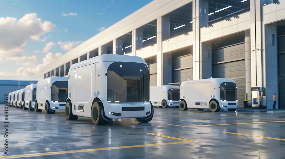 Self-driving delivery trucks parked in front of a large warehouse. The trucks are all white and have a futuristic design. Self-driving delivery trucks parked in front of a large warehouse. The trucks are all white and have a futuristic design.