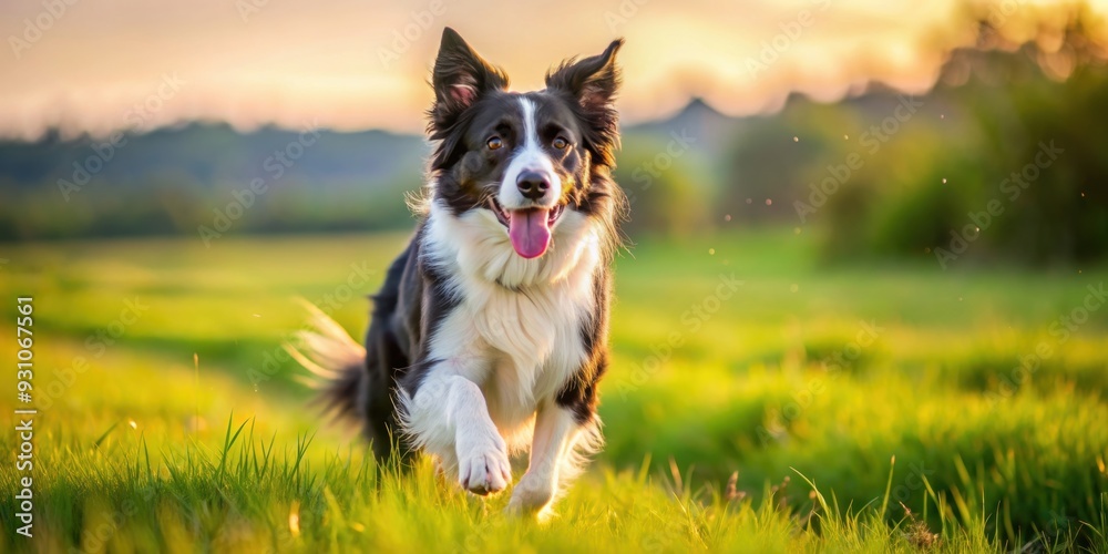 Energetic border collie dog playing in a field, playful, intelligent, loyal, black and white, herding dog, working breed Energetic border collie dog playing in a field, playful, intelligent, loyal, black and white, herding dog, working breed
