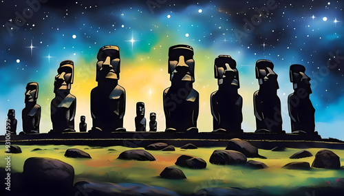 acrylic ink painting featuring ink blots of a few Moai statues on Easter Island clear night sky illuminated by a colorful Milky Way4 photo